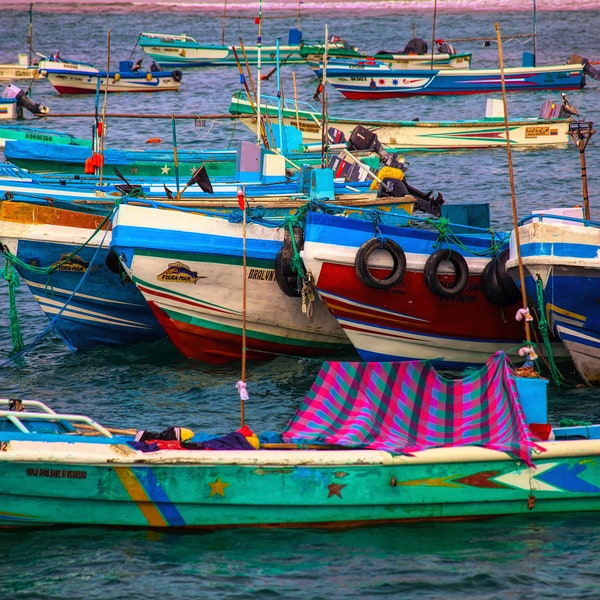 Boat, fishing boats, Ecuador, Puerto Lopez, color photograph, fishing village, photography, ocean, fine art, wall art, South America.