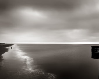 Savannah, Tybee Island Pier, seascape, black and white photograph, low country art, ocean, beach, original art, fine art photograph.