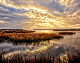 Photograph of the low country, marsh, Savannah, Skidaway Island, sunset, landscape, seascape, low country art, interior design, wall art.