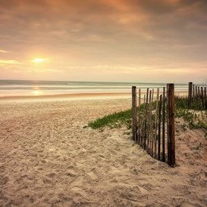 Florida, spiaggia di Ormond, paesaggio marino colorato, oceano, alba, costa, dune, recinzione, spiaggia, costa, belle arti, arte originale, tela o carta, calma.