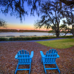 Low country art, marsh, live oak tree, photograph, color photograph, oak tree, chairs, South Carolina, wall art, home decor.