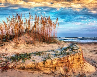 Fotografía de paisaje marino tomada en Tybee Island, Savannah, Georgia. Arte rural bajo, dunas de arena, océano, playa, decoración de interiores, arte mural.