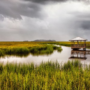Low country art, marsh, dock, Savannah, Georgia coast, storm clouds, landscape, seascape, photography, wall art, &quot;Soft Turbulence 2&quot;.