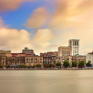 Savannah, river street, historic savannah, photograph, low country art, cityscape, sunset, low country, clouds, wall art, home decor.