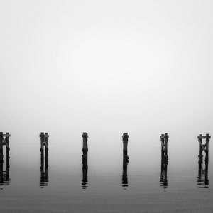 Black and white photograph, abstract, minimalism, black and white landscape, fog, Florida, coast, seascape, photography, fine art, dock.