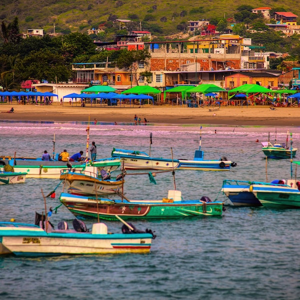 Boat, fishing boats, Ecuador, Puerto Lopez, pacific ocean, color photograph, small boats, colors, photography, wall art, South America.