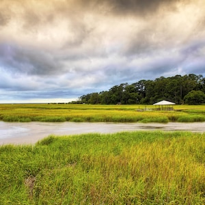 Savannah, Georgia coast, low country, American flag, marsh, landscape, seascape, color photograph, storm clouds, canvas or paper.