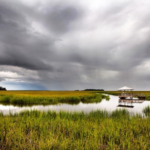 Photograph of the marsh in Savannah Georgia. low country art, marsh, landscape, seascape, wall art, clouds, home decor, interior design.