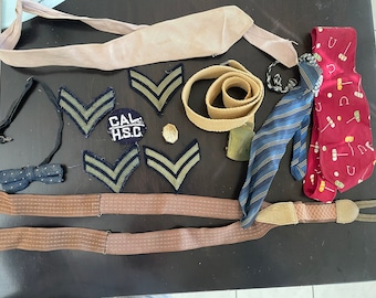 Original WWII patches, California ROTC patch and pin, antique ties and suspenders.
