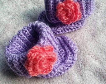 Purple girl knit Baby Booties & Headband Set with rose / Handcrafted newborn Baby Shower Gift