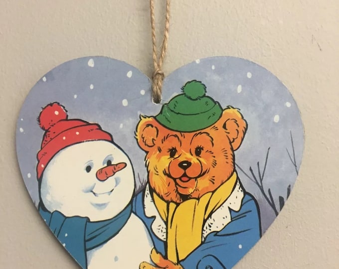 Rainbow bungle and snowman wooden hanging heart plaque sign 10cm