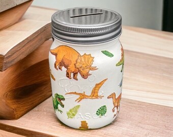 Dinosaur money savings jar handmade Decoupaged