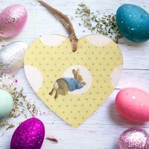 Peter Rabbit Handmade Decoupaged wooden hanging heart nursery room decor