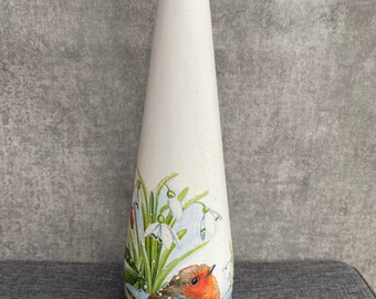 Handmade Decoupaged robin vase bottle upcyled recycled Christmas decor centre piece