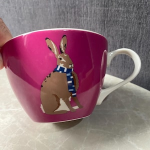 May include: A magenta ceramic mug featuring a brown hare illustration. The hare has long ears and wears a blue and white striped scarf. The mug has a white interior and a white handle attached to the side, providing a contrast to the vibrant magenta exterior.