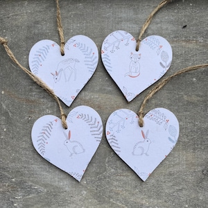 Handmade wooden hanging woodland animals deer fox rabbit Christmas heart decoration set of 4
