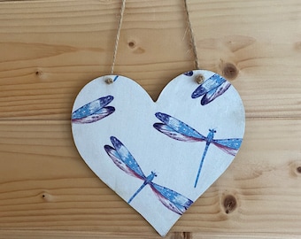 Dragonflies wooden hanging heart plaque sign door hanger birthday various designs 12cm