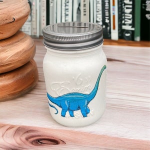 Dinosaur mason money savings jar handmade Decoupaged decorative bedroom nursery
