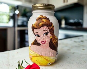 Disney Belle beauty and the beast handmade Decoupaged mason jar storage money jar makeup brush holder