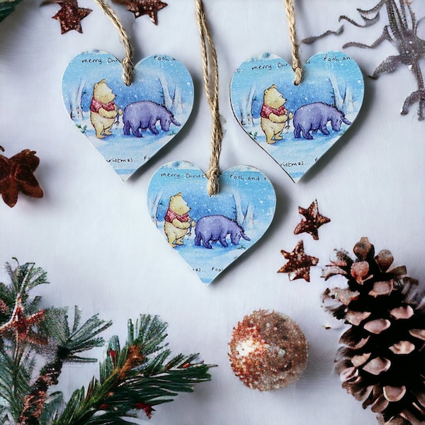 Disney Winnie de Poeh en Iejoor handgemaakte unieke hangende houten harten kerstversiering ornamenten