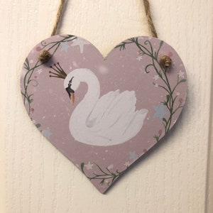 Handmade Swan wooden hanging Heart Plaque Decoupaged Room Decor Door Sign 12cm
