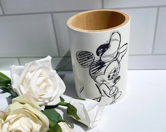 Disney Minnie Mouse pencil pot make makeup brush holder handmade gift Mother’s Day birthday Decoupaged bamboo stationary office gift dec
