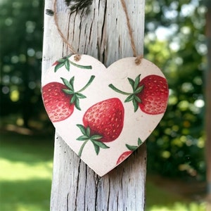 Decoupaged strawberry wooden hanging heart plaque sign handmade
