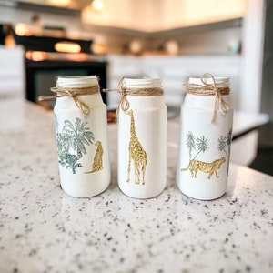 Handmade decoupaged vases decorated recycled jars safari African themed upcyled