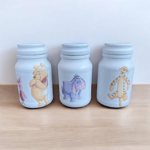 Disney Winnie the Pooh  jars Upcycled handmade decoupaged storage jars, canisters nursery decoration bedroom accessories