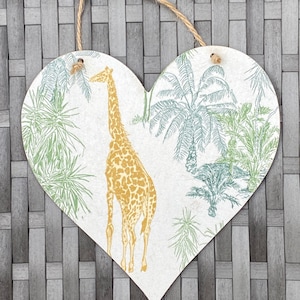 Handmade decoupaged wooden hanging Heart giraffe African safari 12cm