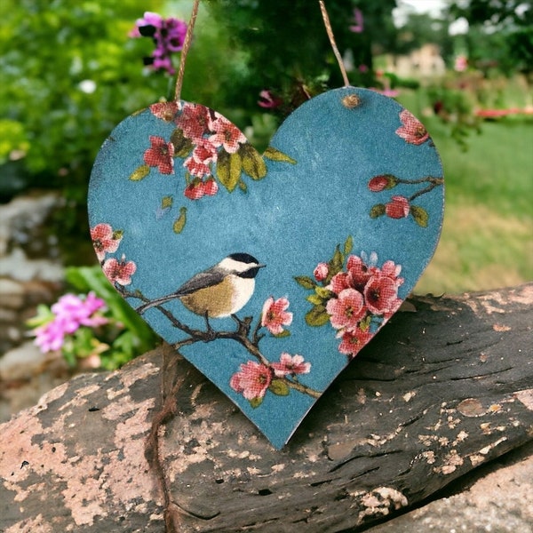 Handmade wooden hanging heart plaque sign 12cm birds