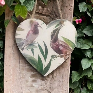 Decorated heart Hummingbird wooden hanging decoration handmade napkin Decoupaged 10cm birthday Mother’s Day gift