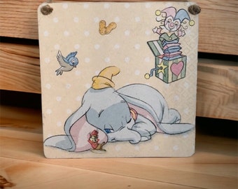 Disney dumbo wooden hanging sign handmade Decoupaged Newborn gift wooden sign plaque 15cm