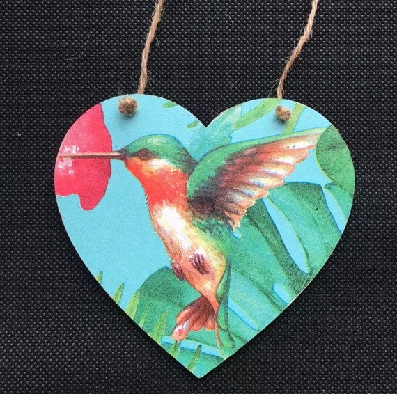 10x 8.5 inches Reversible hummingbirds on wooden heart hand painted wall hanging