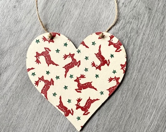 Emma Bridgewater inspired Christmas reindeer handmade decoupaged wooden hanging hearts 12cm