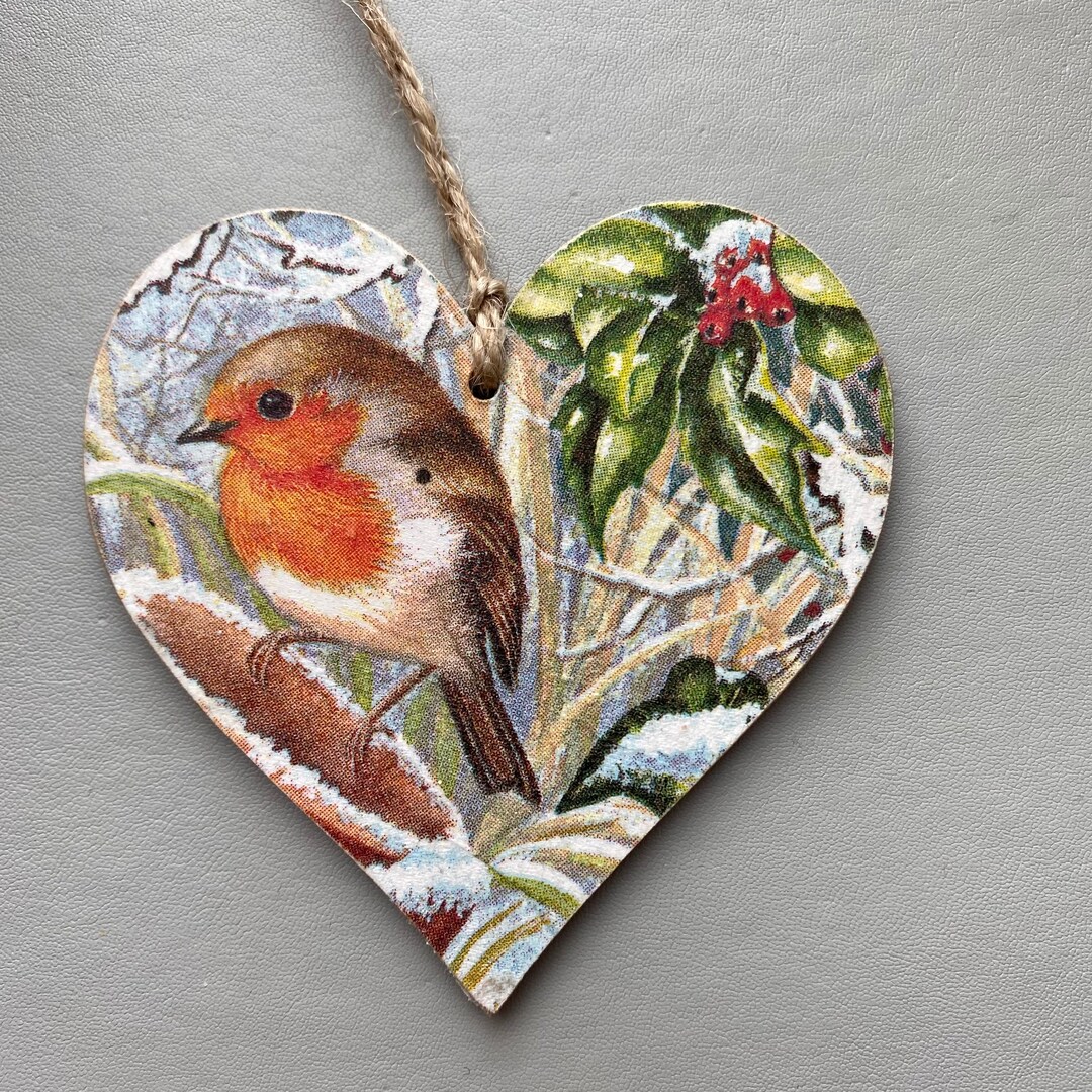 Robin Decoupaged Robin Christmas Tree Heart Decoration Decor Handmade Decoupaged 8cm ...