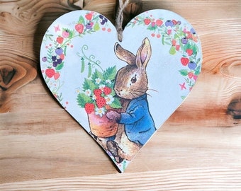 Peter rabbit decorated wooden heart  birthday gift hanging hearts room party decor special gift