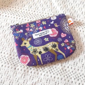Handmade Coin Purse with Deer Print, Purple Zipper Pouch, Small Fabric Wallet, Cute Gift Idea