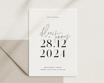 Numeric Canva Save The Date Template, Minimalist Style Wedding Stationery, Bold Typographic Design with Serif Font [Chloe].