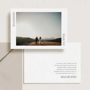Moderne bruiloftbedankkaart met foto, bewerkbare canvassjabloon [Noa].