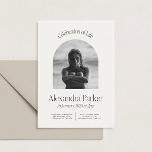 Faire-part pour les funérailles moderne, Faire-part pour les funérailles minimal pour un jeune, Modèle d'invitation électronique pour un service commémoratif simple