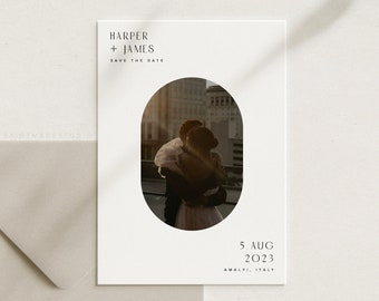 Oval Shape Photo Save The Date Canva Template with Minimal Text, Stationery. [Harper]