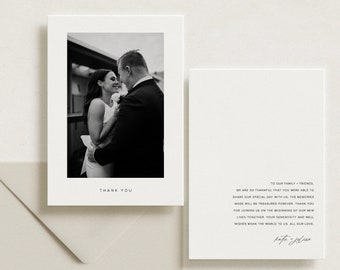 Carte de remerciement de mariage minimaliste avec photo, modèle modifiable, photo imprimable de remerciement