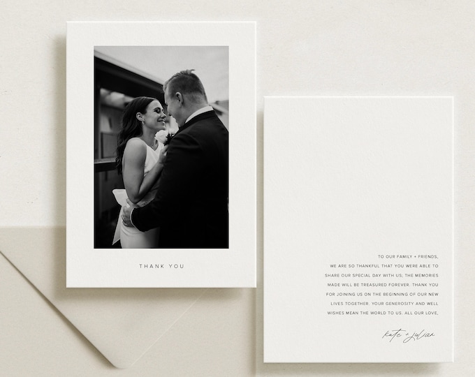 Carte de remerciement de mariage minimaliste avec photo, modèle modifiable, photo imprimable Merci