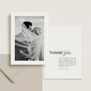 Plantilla de tarjeta de agradecimiento de boda moderna con foto, estilo minimalista con diseño tipográfico, diseñada para Canva. [Elena]