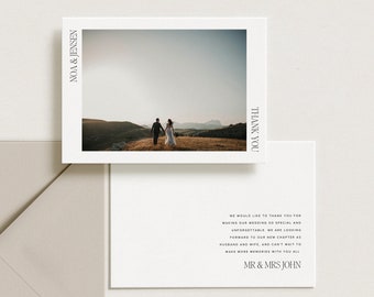 Moderne bruiloft bedankkaart met foto, bewerkbare Canva-sjabloon [Noa].