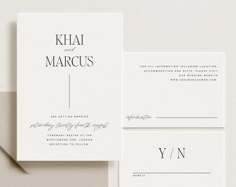 Minimal Classic Canva Wedding Invitation Template, Simple Serif and Handwriting Fonts with Lines [Khai].