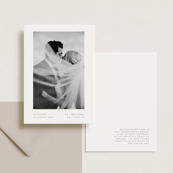 Minimalist Wedding Announcement Card, We Eloped Postcard with Photo, Editable Template