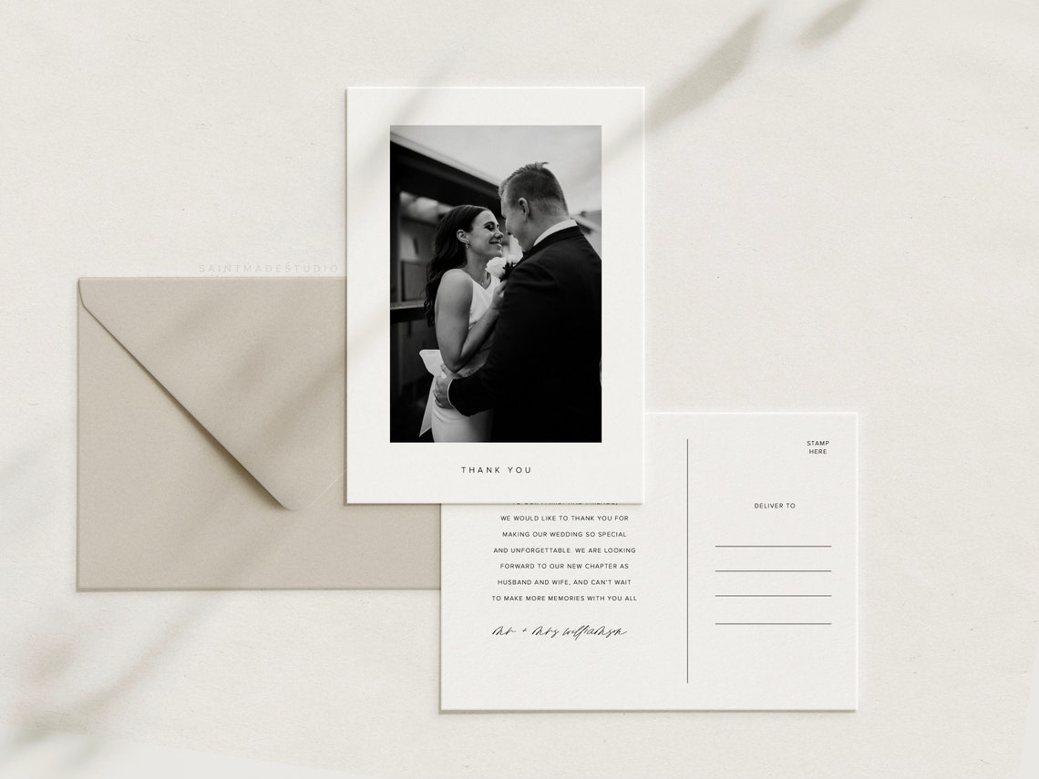 Minimalist Wedding Thank You Card With Photo, Editable Template ...