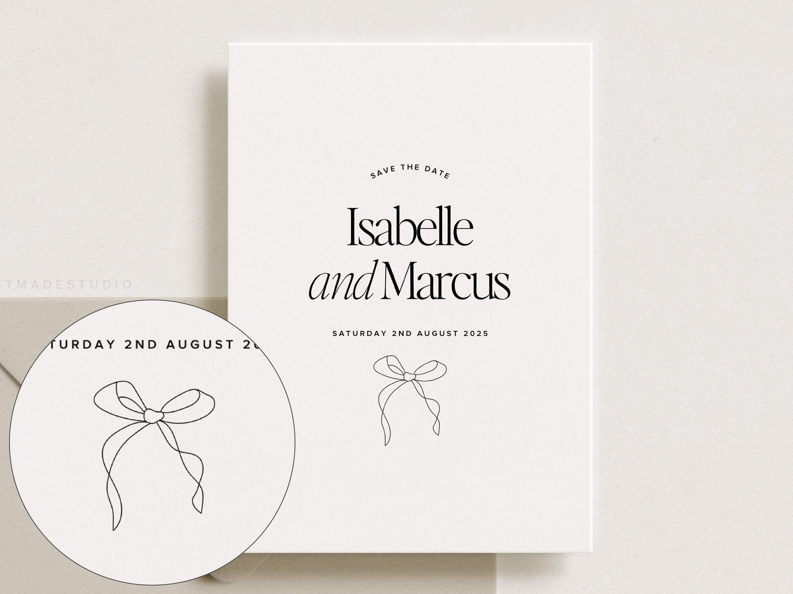 Minimal Save the Date with Simple Hand Drawn Bow Illustration, Canva Template for Weddings [Isabelle].